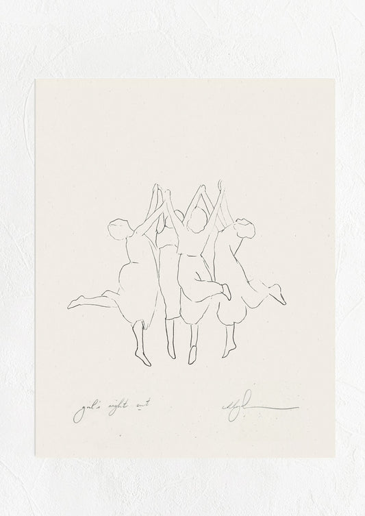 An art print with black line drawing of women dancing in a circle.