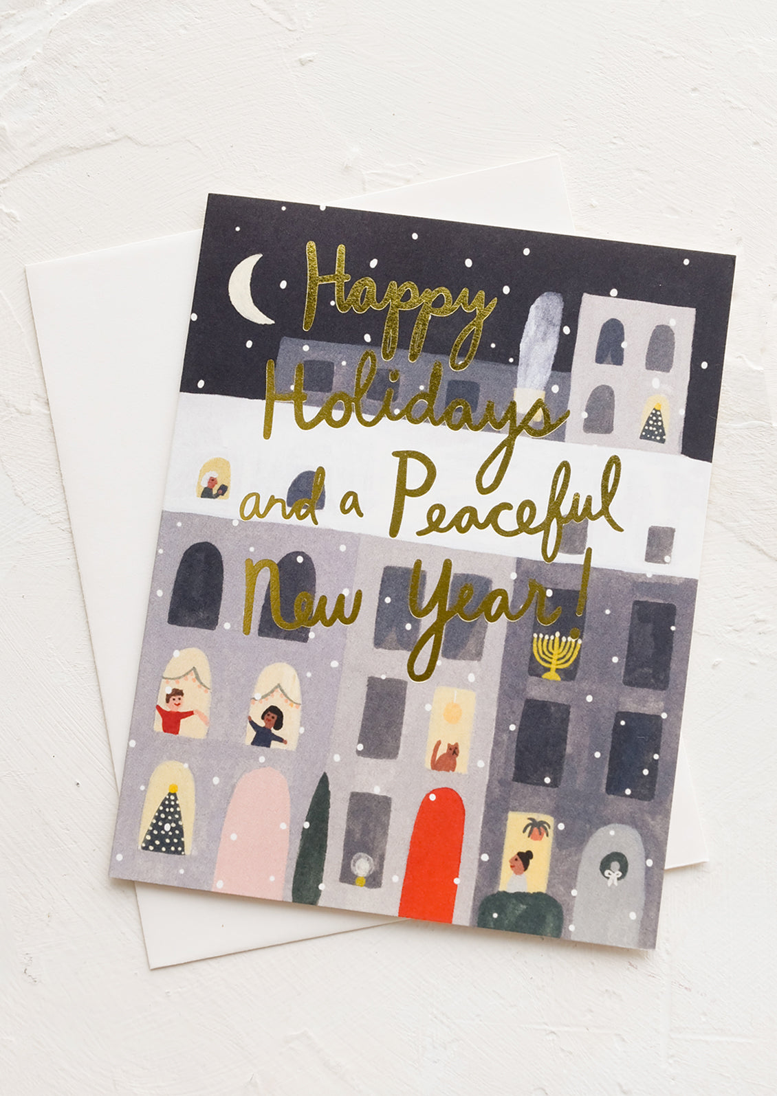 An illustrated greeting card featuring apartment building with window scenes.