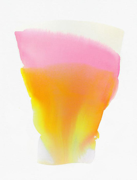 A trapezoid shaped spray of saturated yellow, orange, and pink watercolor fan out to create a sunset like scene against a white background.