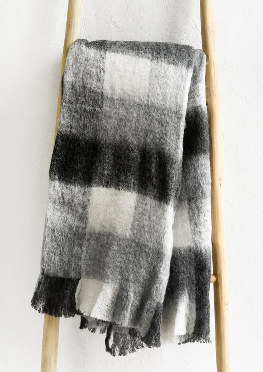 A gingham mohair throw blanket in black and white.
