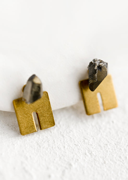 A pair of squared U shaped brass studs with smoky quartz gemstone post.