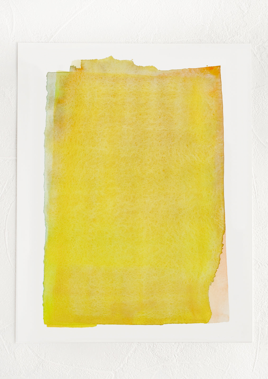 An art print with layered watercolor form in yellow, green and peach.