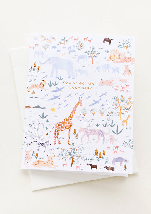 Greeting card with African animal print, small golden lettering reading "You've Got One Lucky Baby"