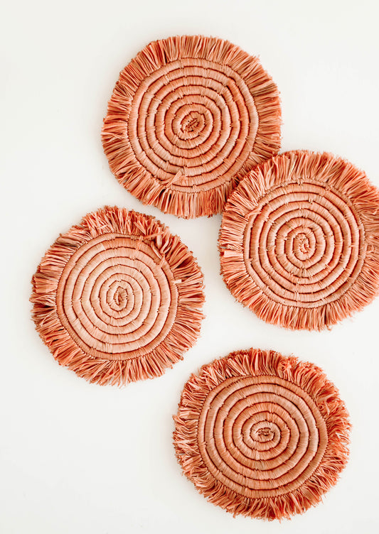 Set of 4 Circular Raffia Coasters with Fringed Trim in Dark Peach 