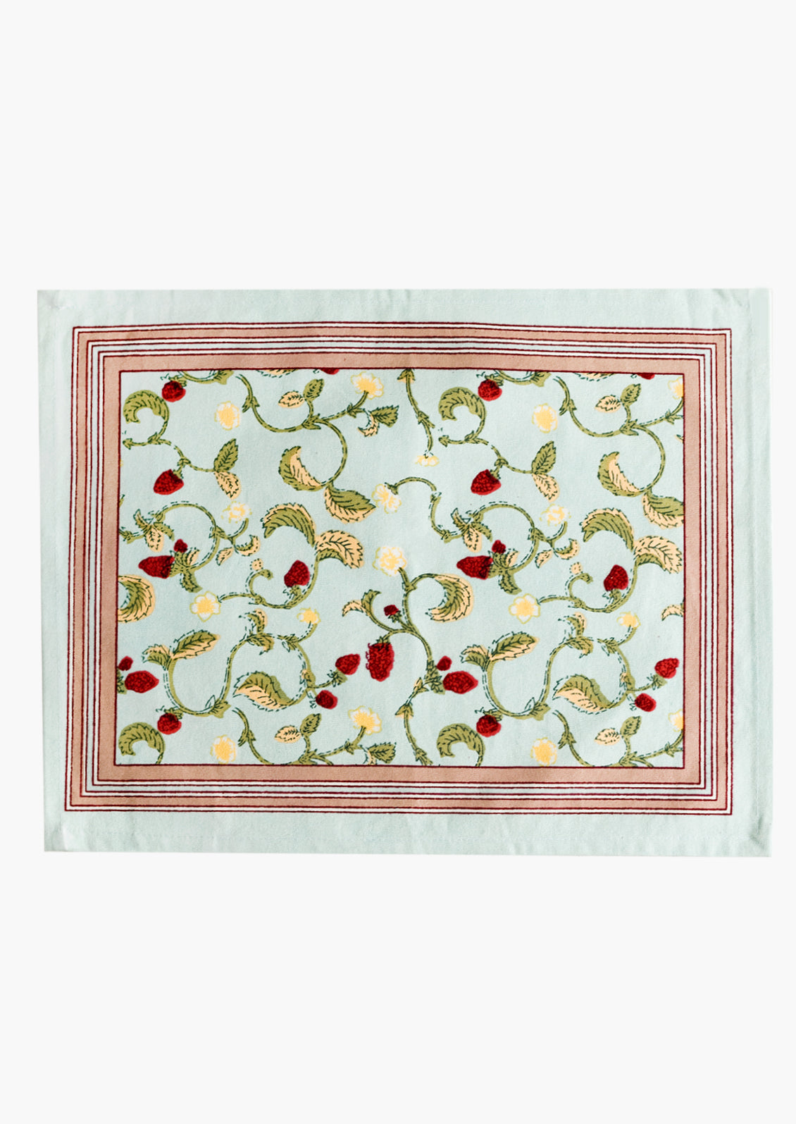 A light aqua placemat with bordered raspberry print.