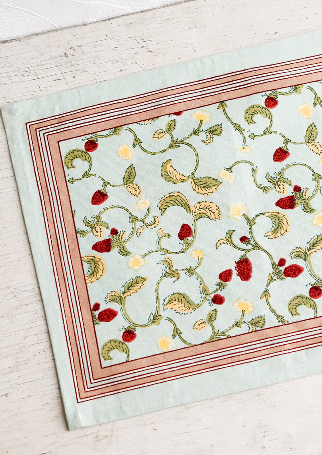 A light aqua placemat with bordered raspberry print.