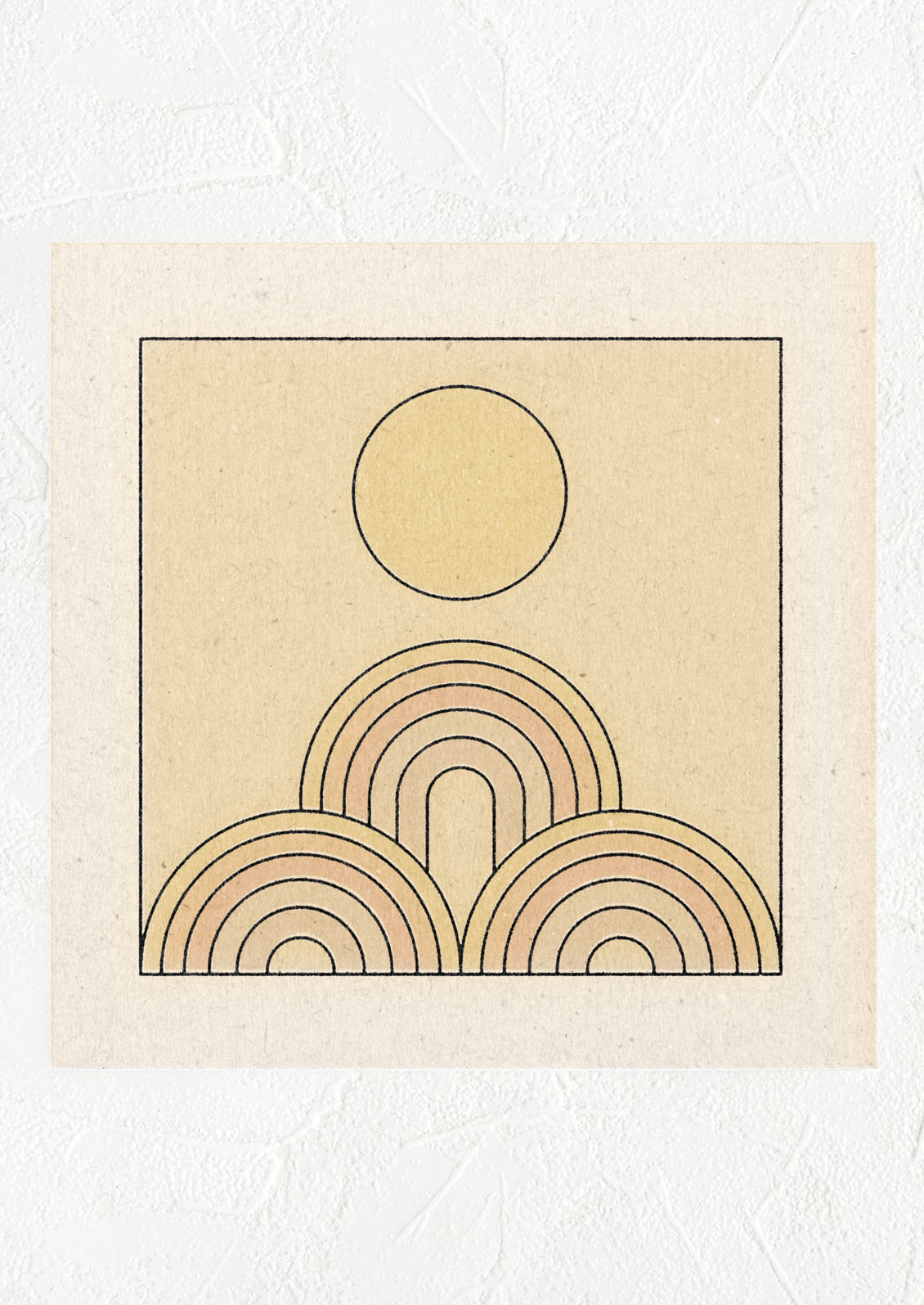 Digital art print with pastel square, three rainbows with sun above.