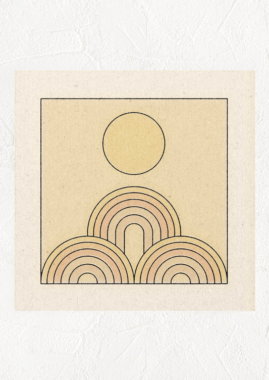 Digital art print with pastel square, three rainbows with sun above.