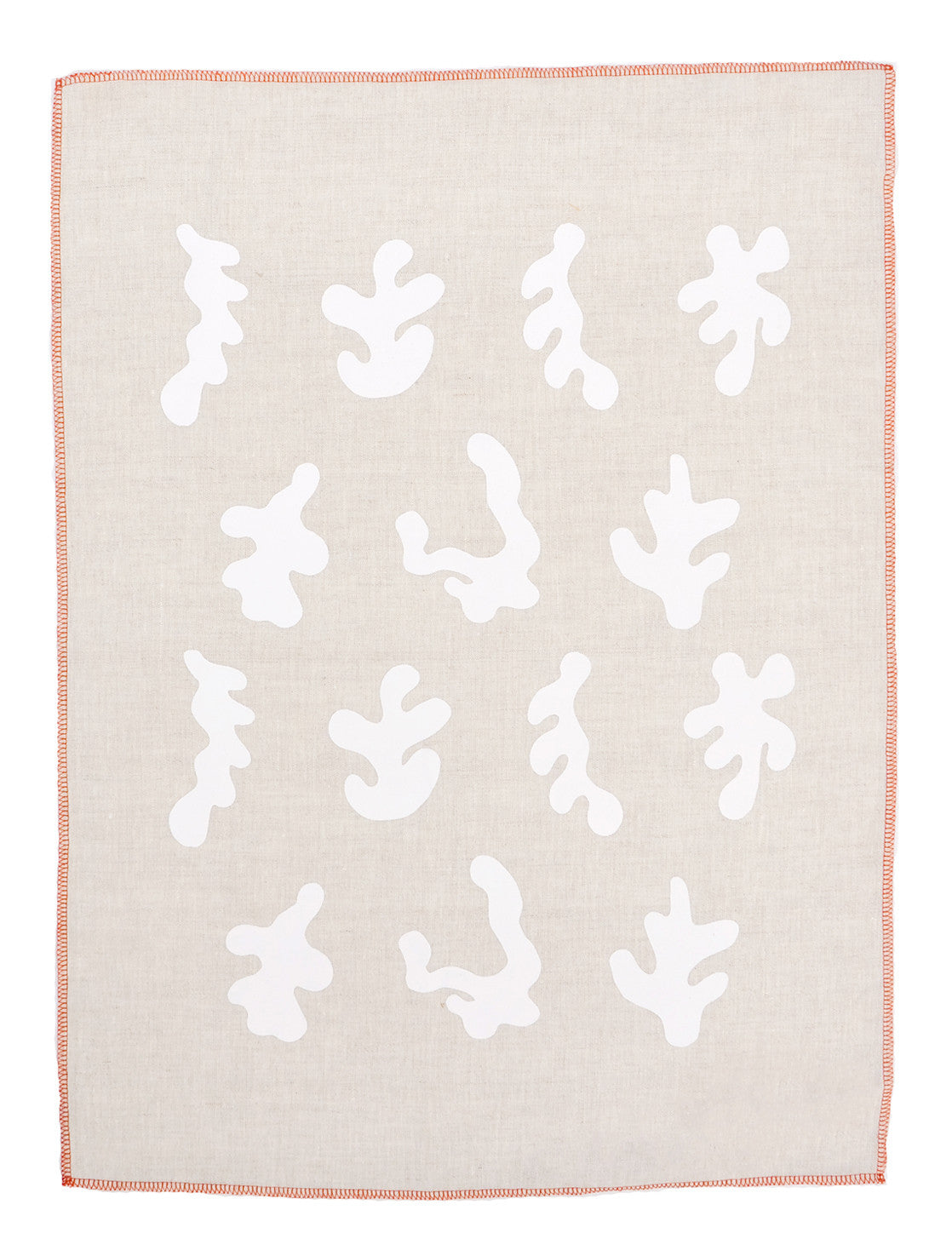 Beige linen towel with white squiggle shape pattern and orange trim.