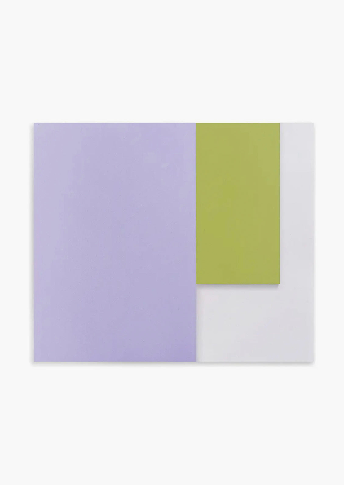 A landscape oriented notepad with three separate sized sections in lavender, white and lime green..