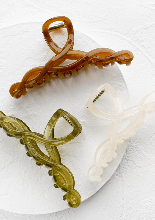 Spiral hair claws in assorted colors.