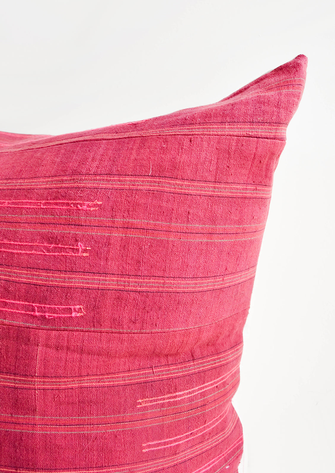 Detail of Wine Colored Recycled Thai Fabric Square Throw Pillow with Hot Pink Embroidery Detailing