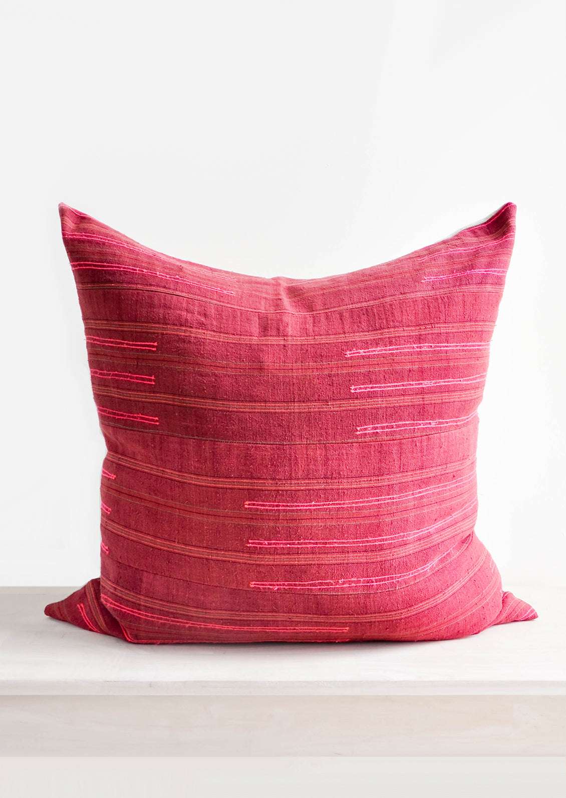 Wine Colored Recycled Thai Fabric Square Throw Pillow with Hot Pink Embroidery Detailing