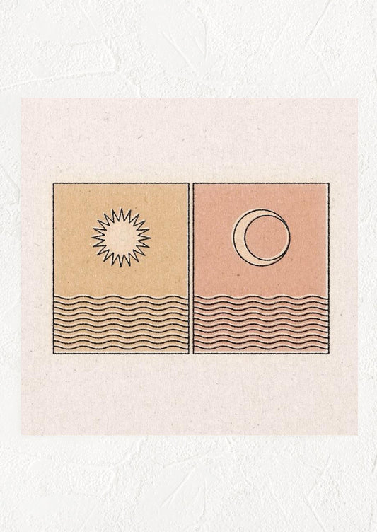 A square digital art print with orange and pink squares, each with a sun or moon.