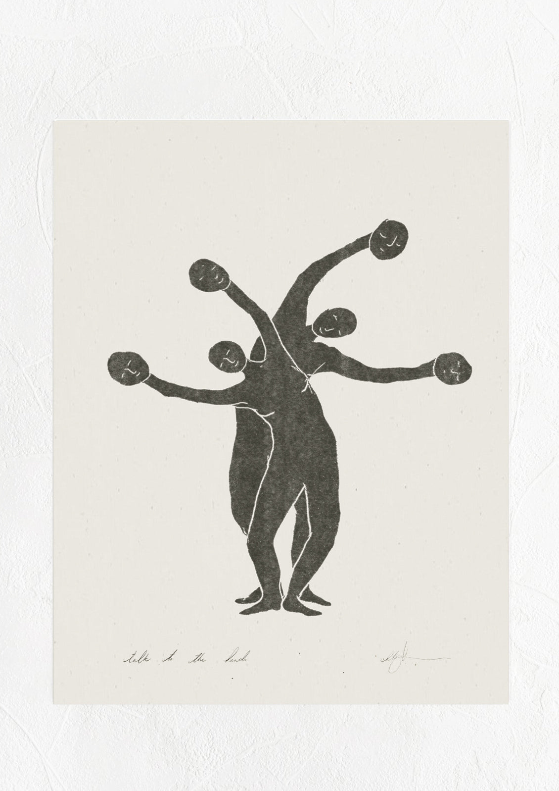 Digital art print of contorting bodies holding faces in their hands.