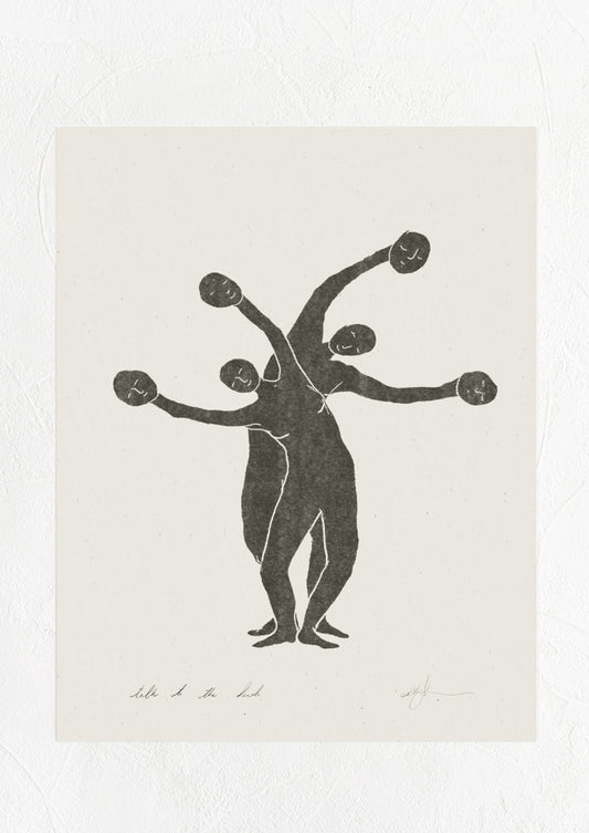 Digital art print of contorting bodies holding faces in their hands.