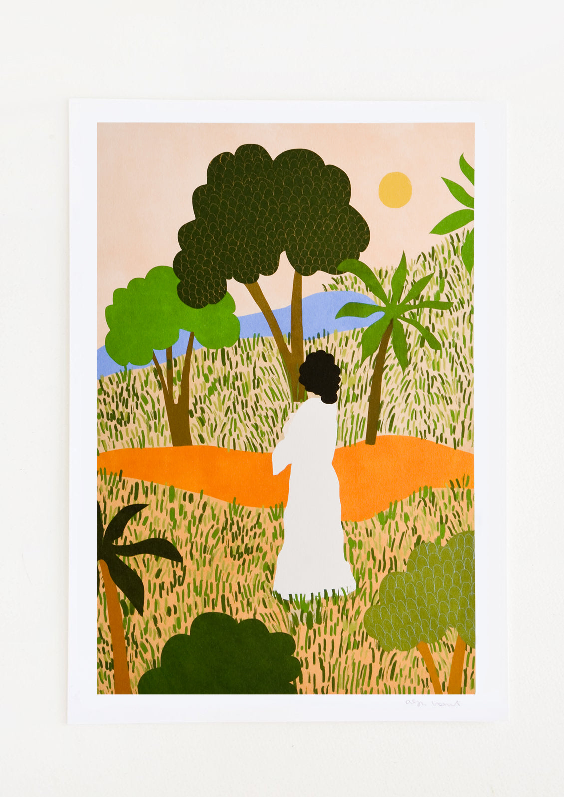 Digital art print of a woman in a white dress gazing unto a forested pathway, viewed from behind.