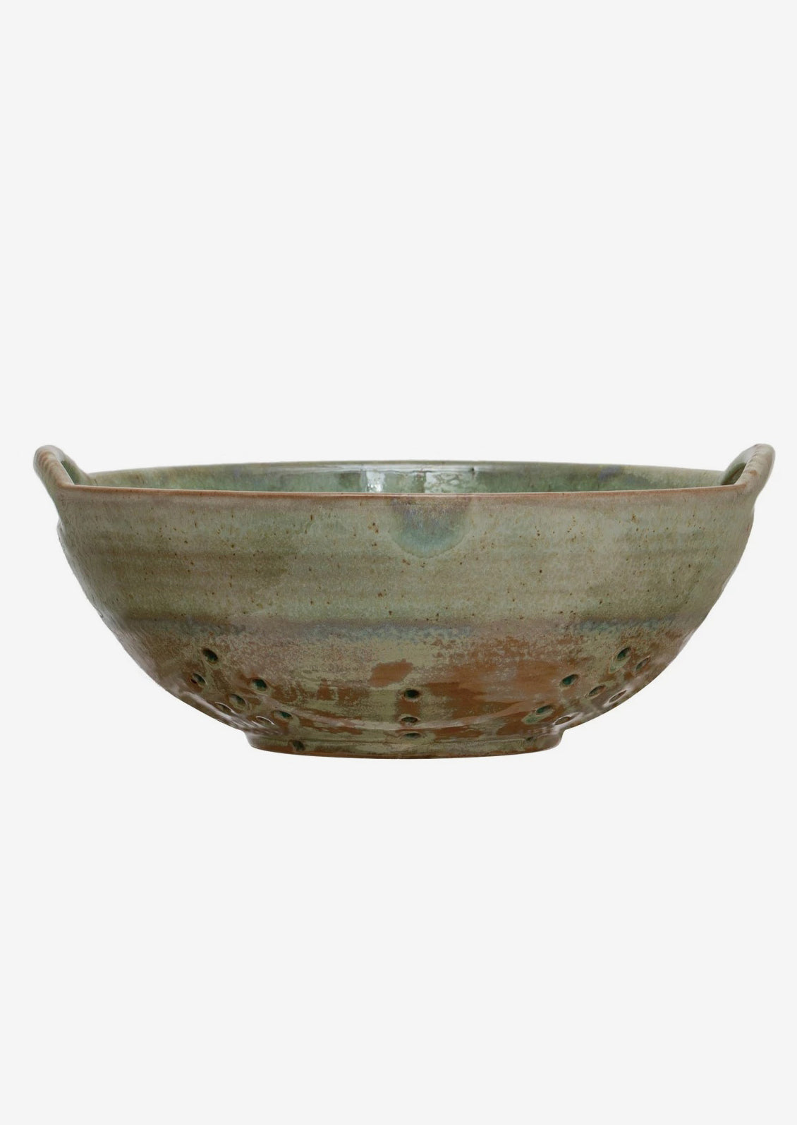 A large ceramic colander in mottled aqua glaze.