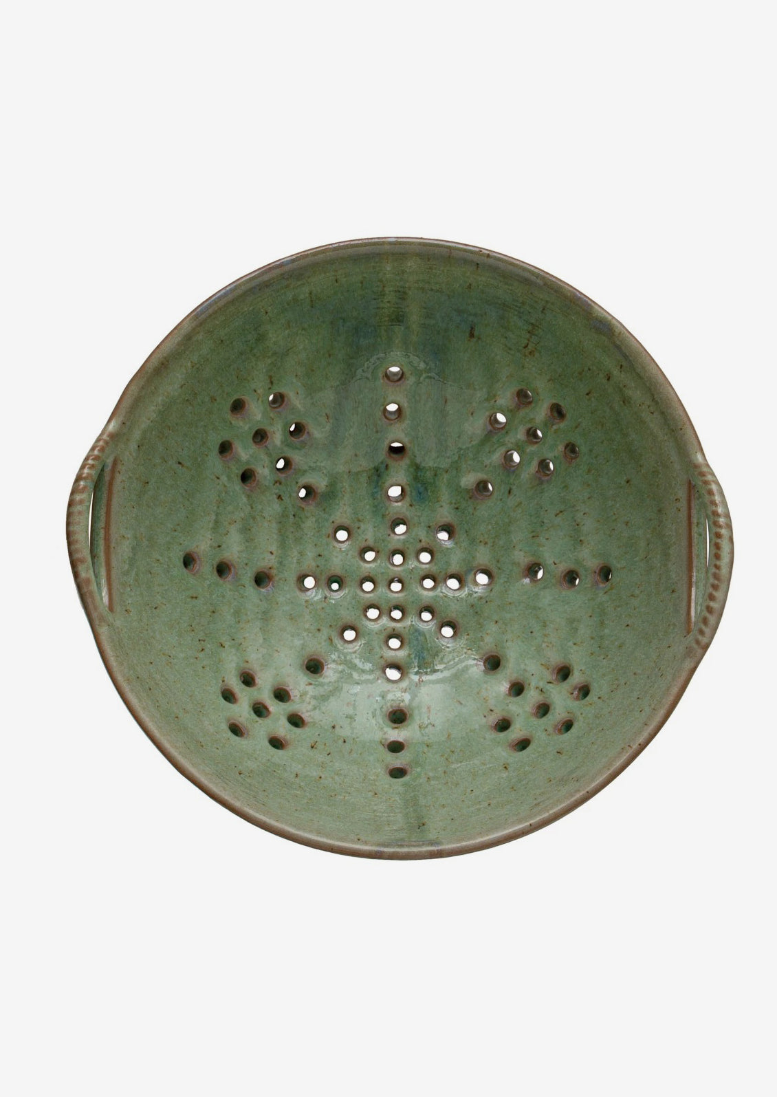 A large ceramic colander in mottled aqua glaze.