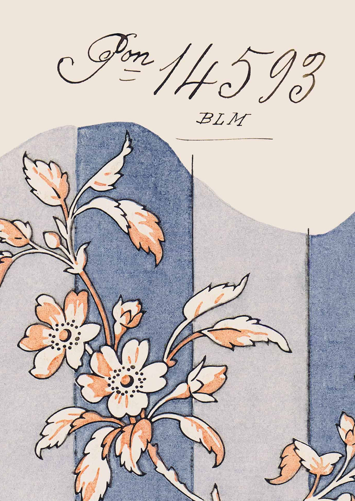 An antique inspired print with floral wallpaper design and text detailing.