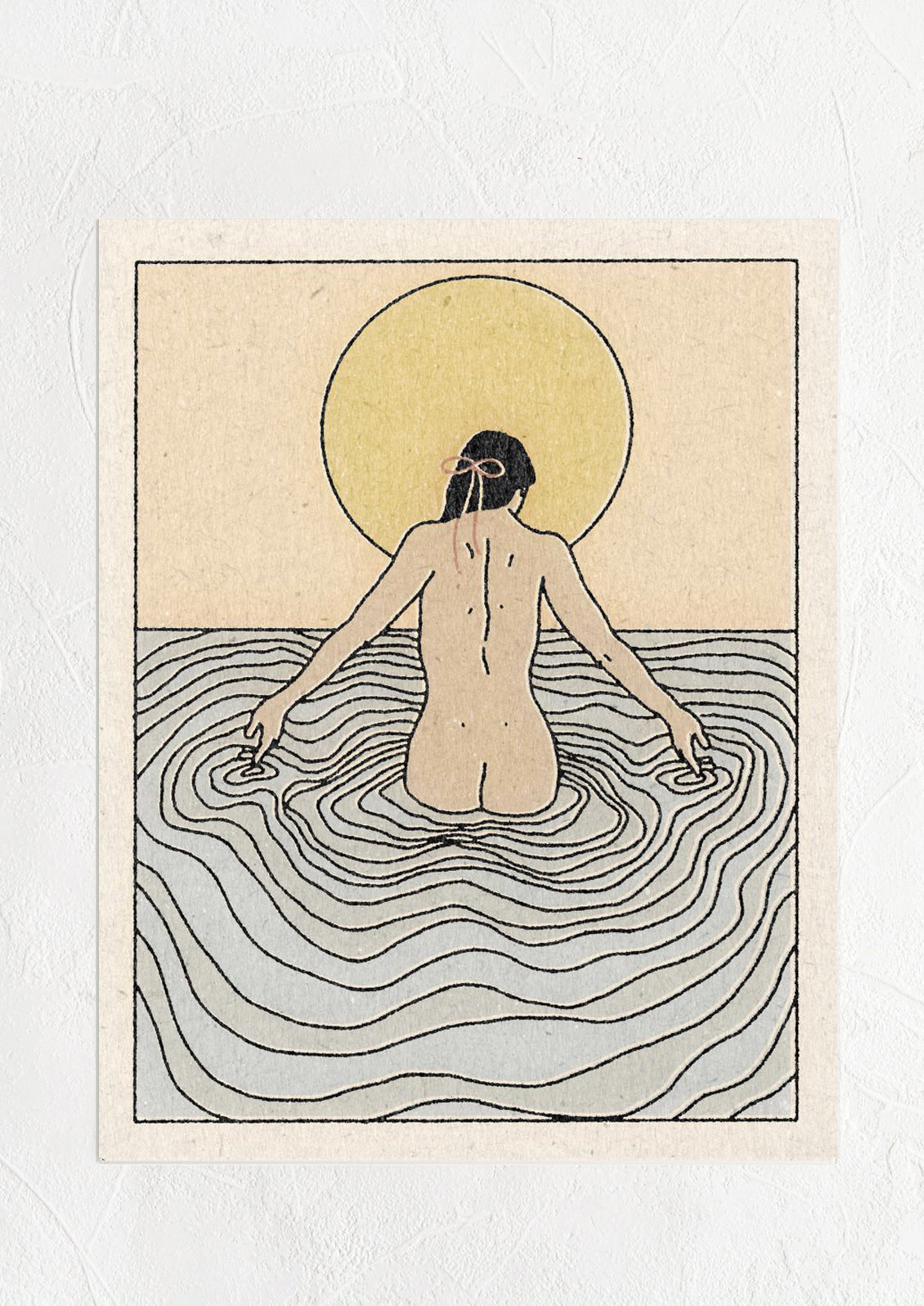 A digital art print featuring woman swimming naked, viewed from behind.