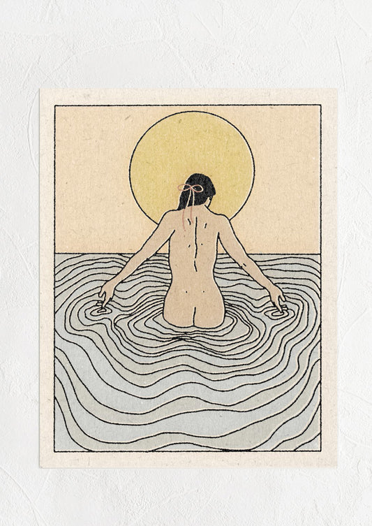 A digital art print featuring woman swimming naked, viewed from behind.
