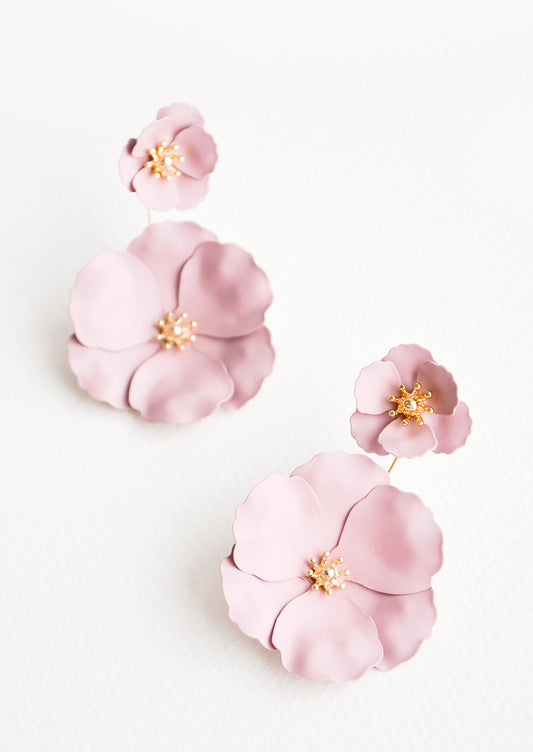 Two part lilac and gold flower earrings with a small flower post and larger flower drop. 